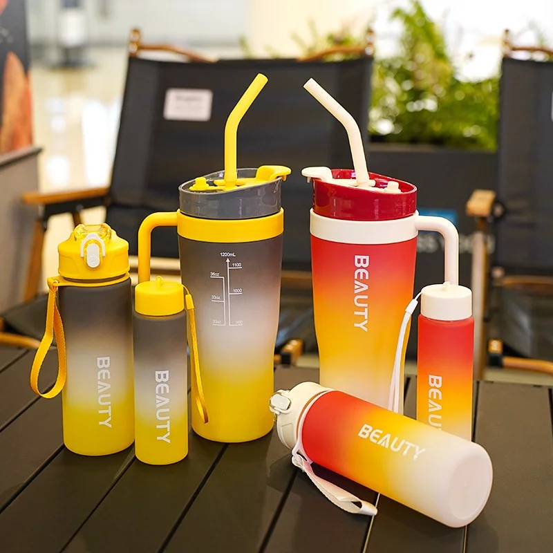 Gradient Frosted Straw Dual-Drinking Large-Capacity Plastic Cooler Cup 3pcs Car-Mounted Water Bottle 3 in 1 Set For Gym