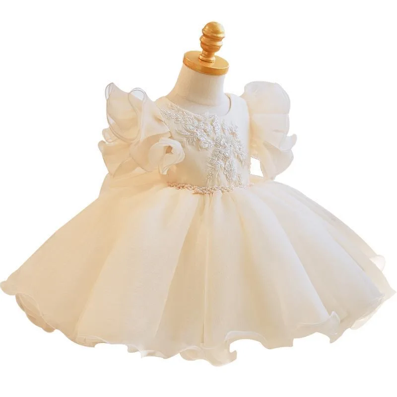 Boutique Fall White Bow Embroidery Satin Kids Communion Frock Flower Girls Dresses Baby Birthday Party Gown Children Clothing