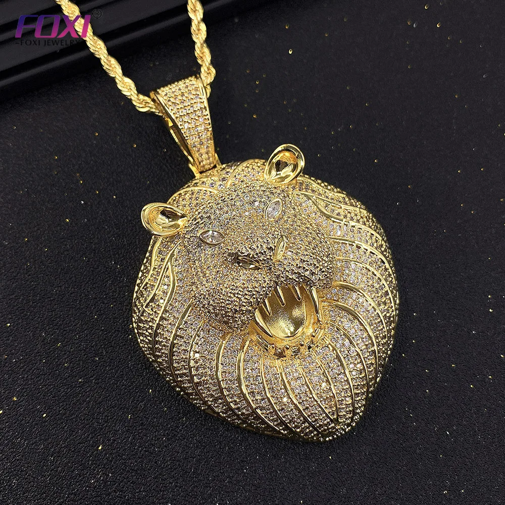 Hip Hop Roaring Lion Pendant High-End Luxury Charm Gold Plated Full Moissanite Realistic Lion Charm Necklace Pendant For Men