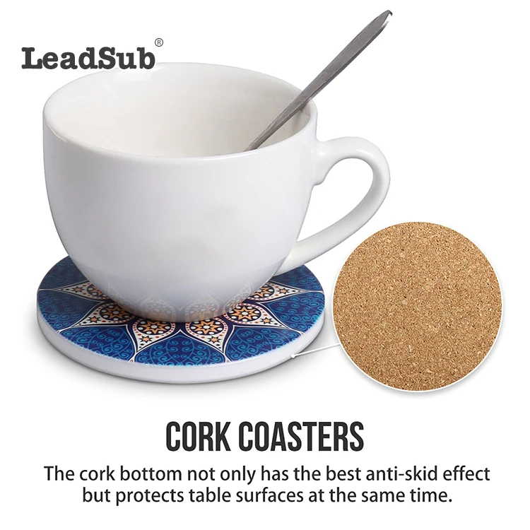 Wholesale custom round shape gift coaster white blanks sublimation ceramic coaster 4inch absorbent drinks coaster with cork back