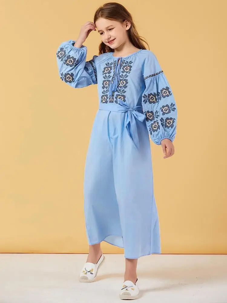 cheap wholesale child light blue lacing up muslim dress dubai kids clothes long sleeve dress
