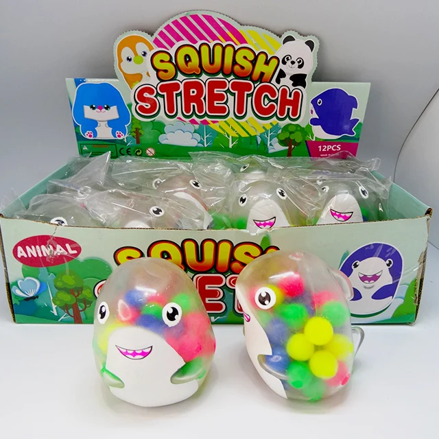 Funny Multi Color Clear Happy Shark Squishy Toy With Color Beads Rainbow Balls