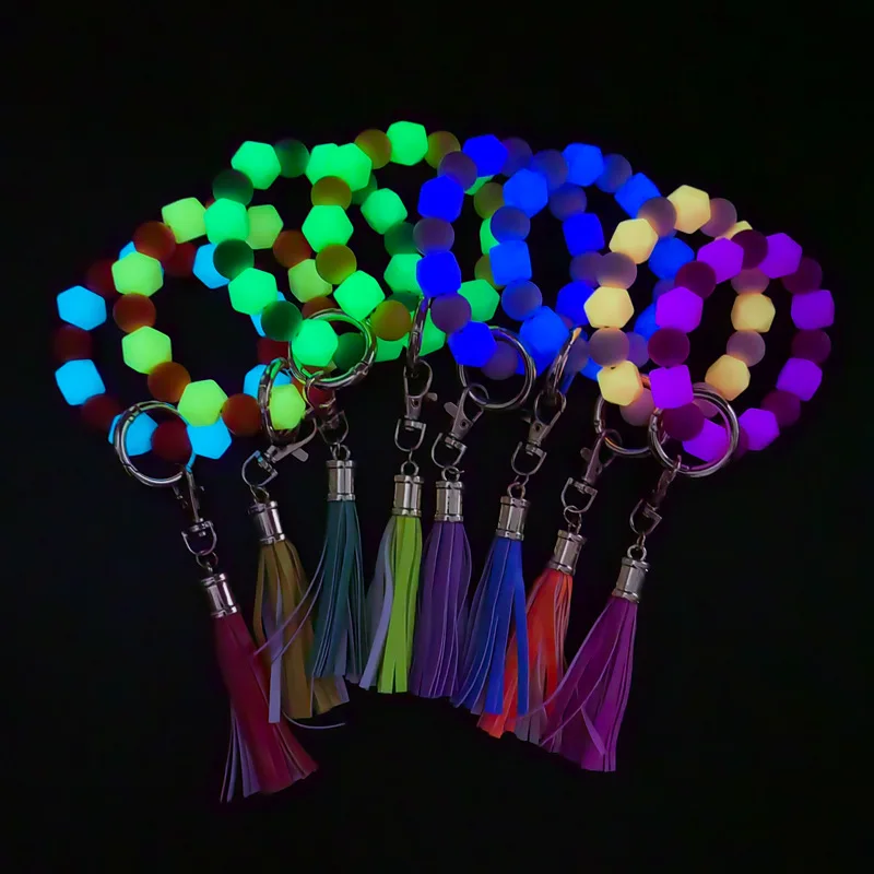 New Creative Colorful Silicone Beads Bracelet Luminous Keychain For Women Halloween Pendant Car Bangle Fluorescent Key Ring
