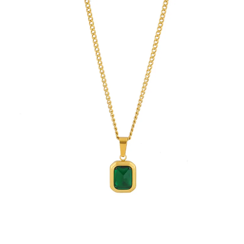 French Style Minimalist Emerald Pendant Necklace 18K Gold Green Square Jade Pendant Necklace