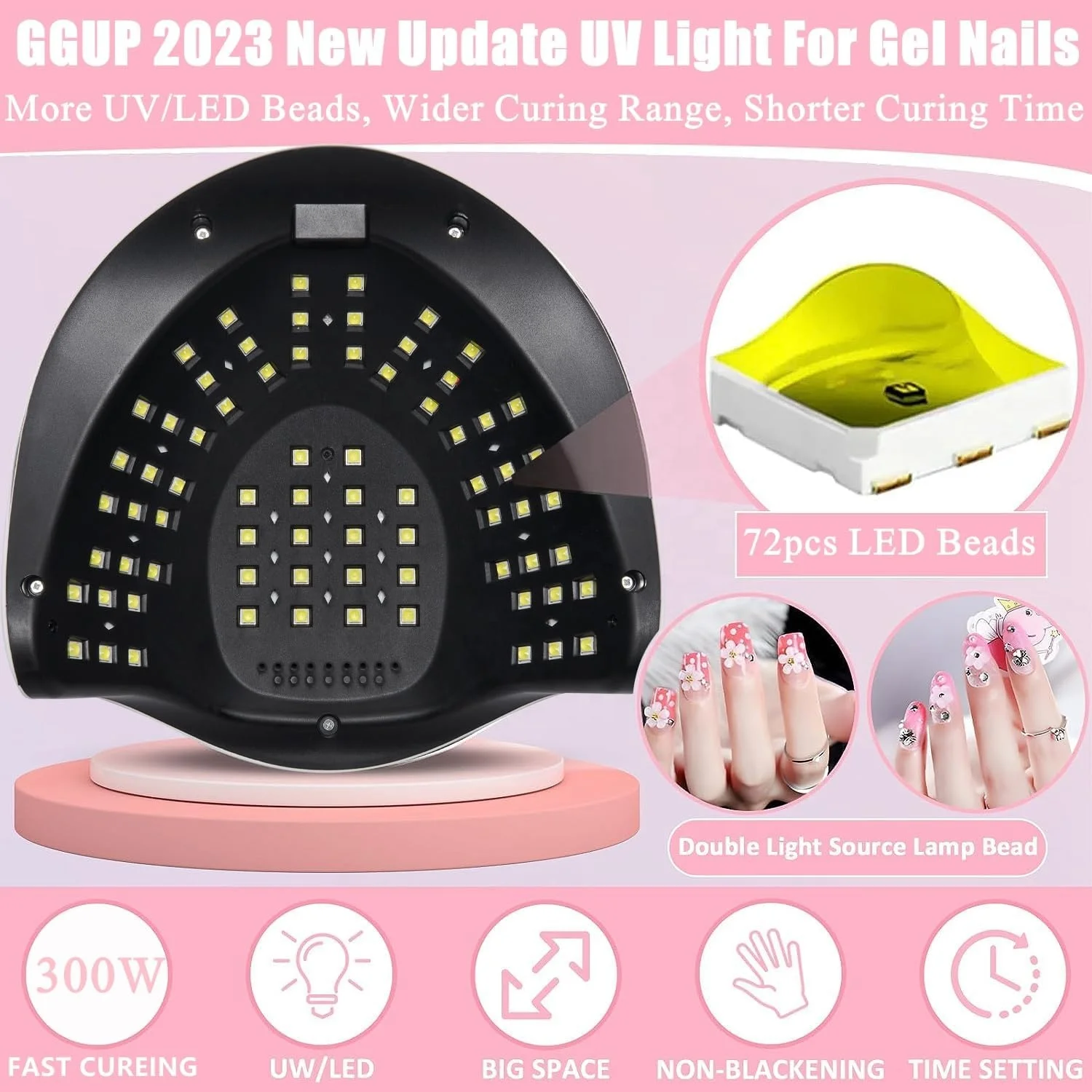 UV LED Nail Lamp, 300W Professional UV Nail Dryer Light for Gel Nails with 72 Beads, Fast Curing Gel Polish Lamp for Finger/Toe