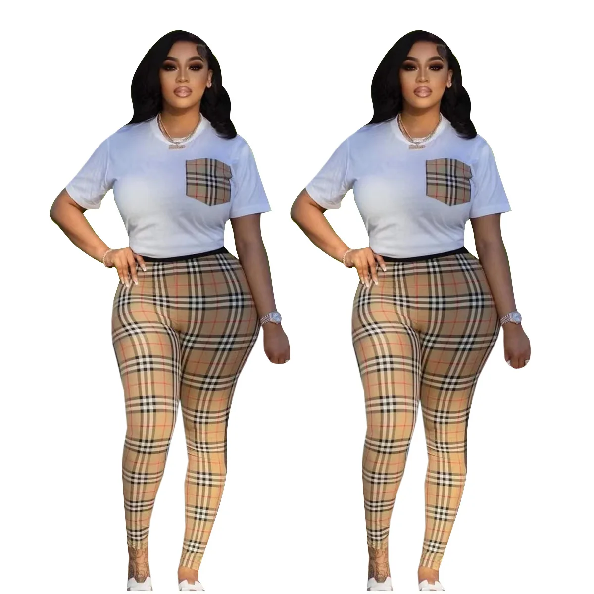 Hot Selling Designer Casual Striped Plaid Patchwork Pocket Two-Piece Woman Set Fashion Brand Crew Neck Top Pants Set For Women