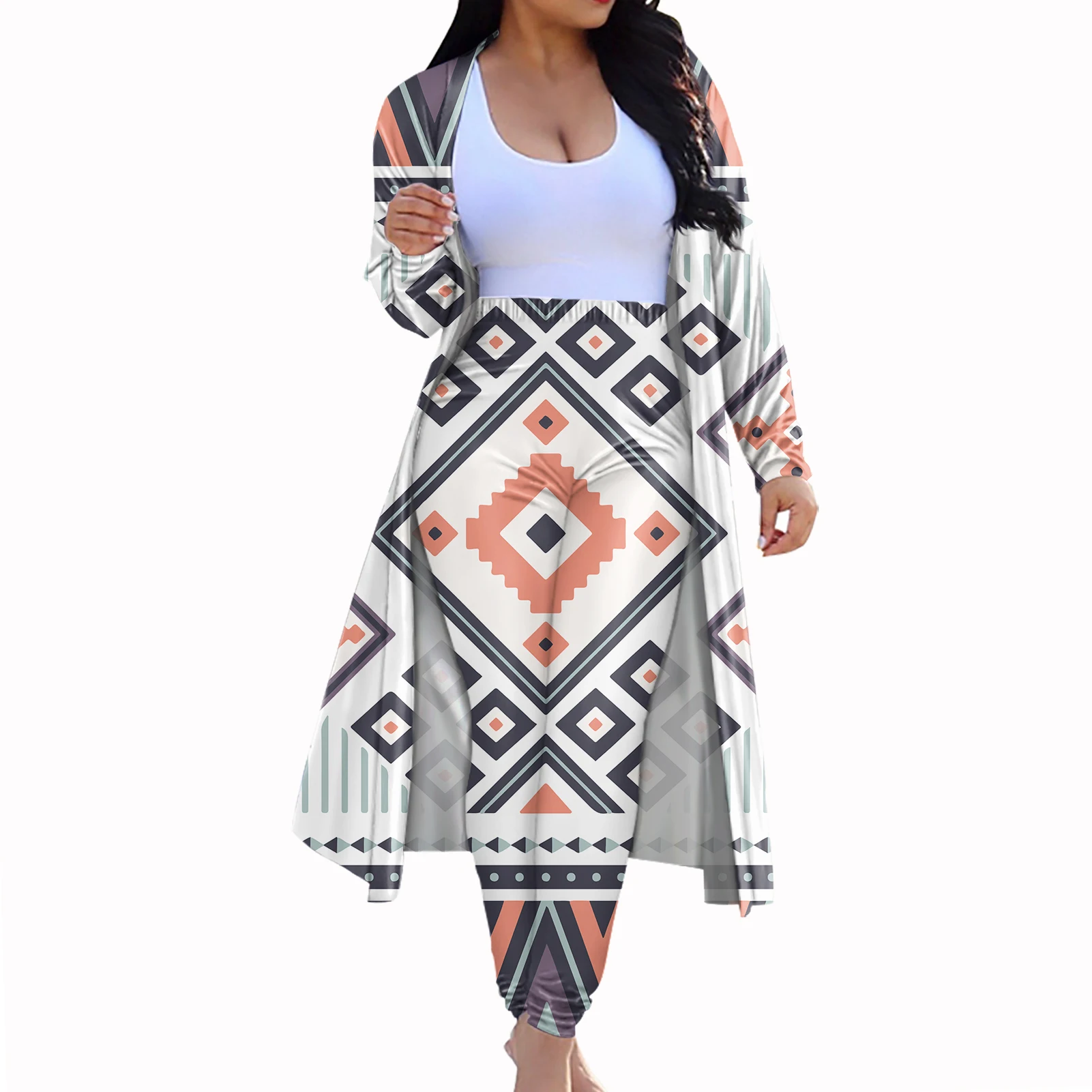 Hot Sell Black White HD Print Mexico Aztec Geometry Couple Clothes 2 pcs Set Custom Women Cloak Trousers Suit Cardigan Kimono