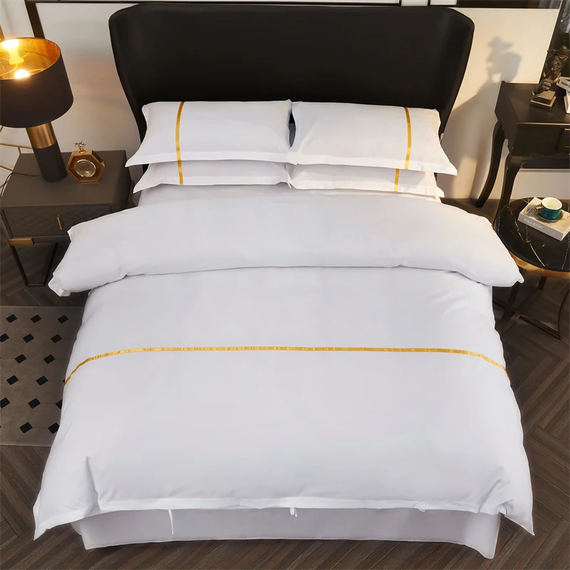 Wholesale skin-friendly hotel linen home bedding set with piping customized material duvet cover bed sheet pillowcase set