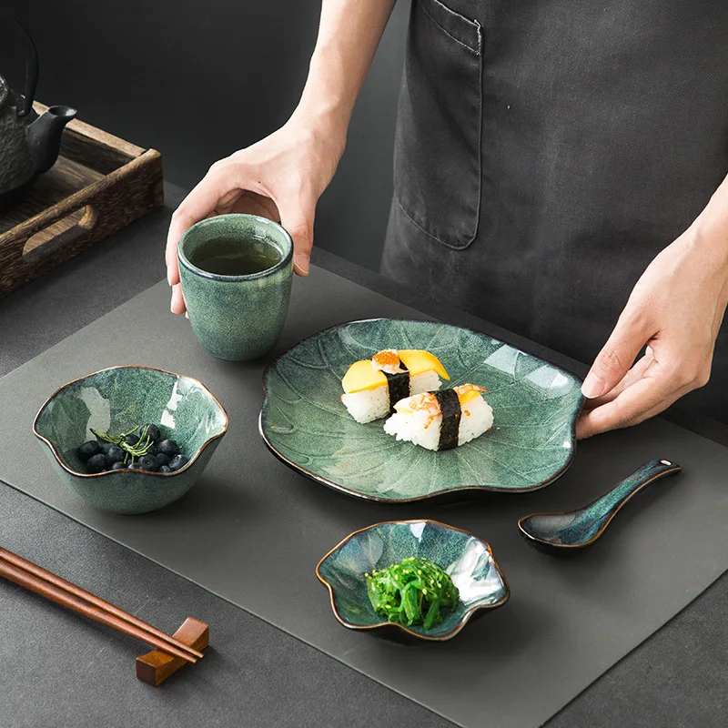 wholesale reactive glaze green China stoneware dinnerware japanese and korean creative household tableware ceramic dinner set