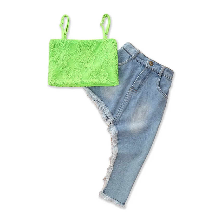 
Оптовая продажа, детская одежда, модные костюмы для девочек, топ на бретелях яркого цвета + джинсовая юбка, уличная одежда для девочек 