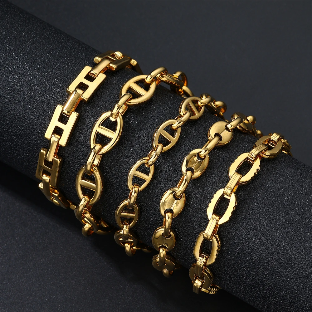 Non Tarnish 316L Stainless Steel Chunky Link Bracelet Hip Hop 18K Gold Plated Curb Coffee Bean Chain Cuban Bracelets For Men