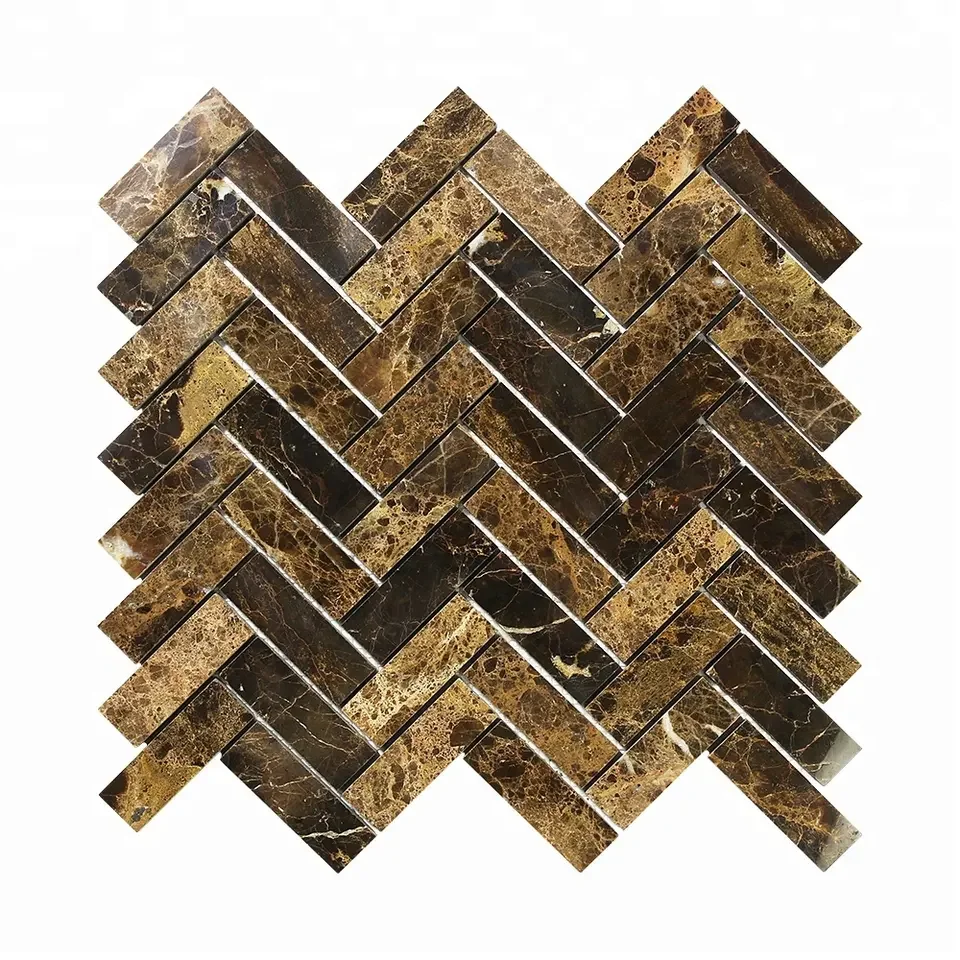 Dark Emperador new design for wall decoration Polished Herringbone interlocking marble mosaic tile