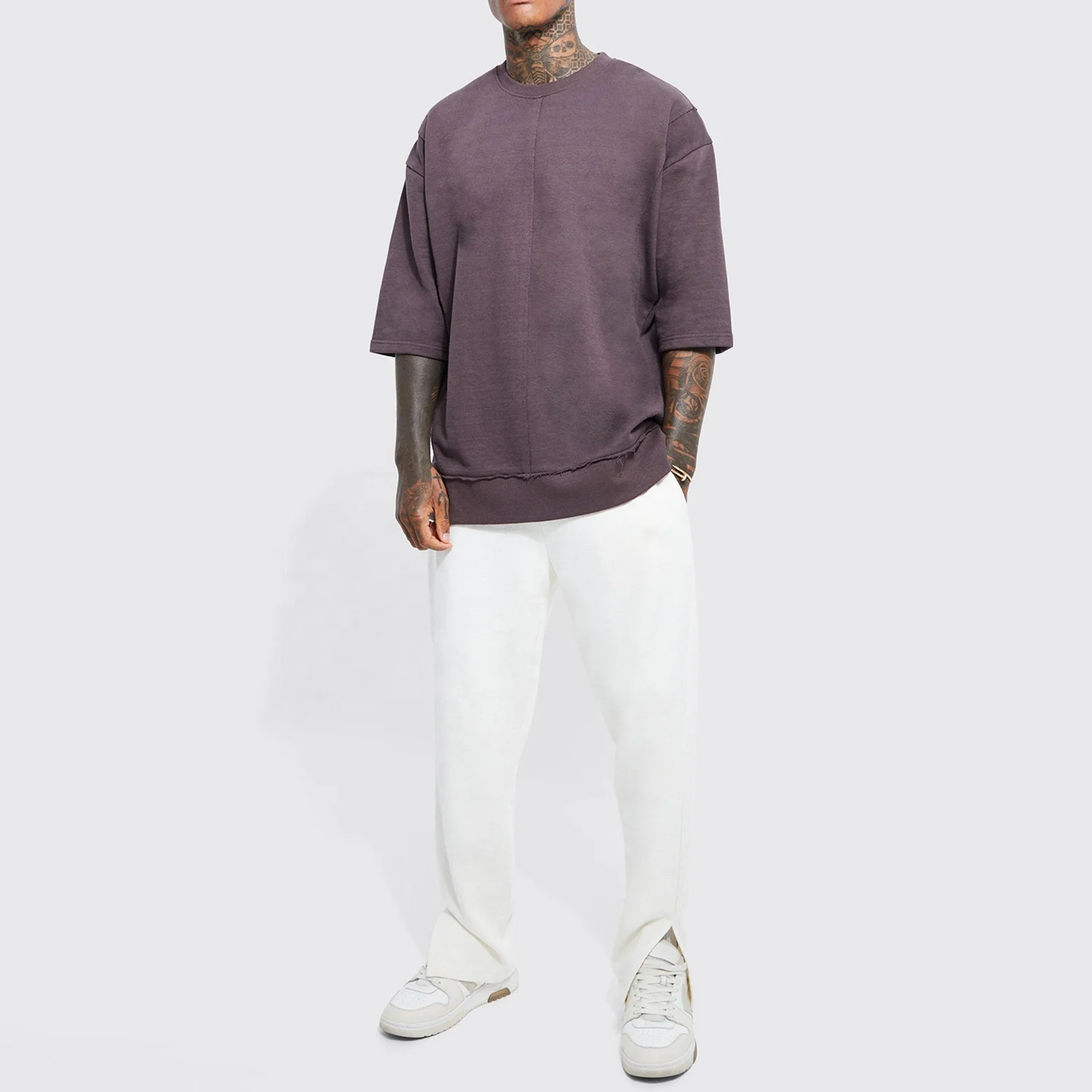 Wholesale Custom t shirt with logo print new design oversized heavyweight raw seam sweatshirt gym sport t shirt for men