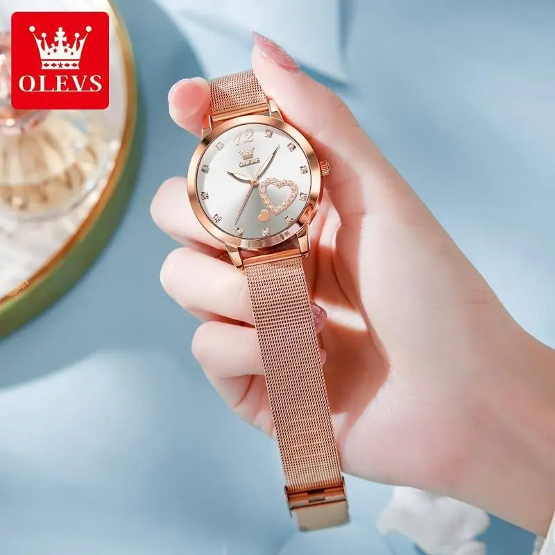 OLEVS 5189 Top Quartz Watch for Women Mesh Steel Strap Heart Design Waterproof Watches Simple Fashion Elegant Ladies Wristwatch
