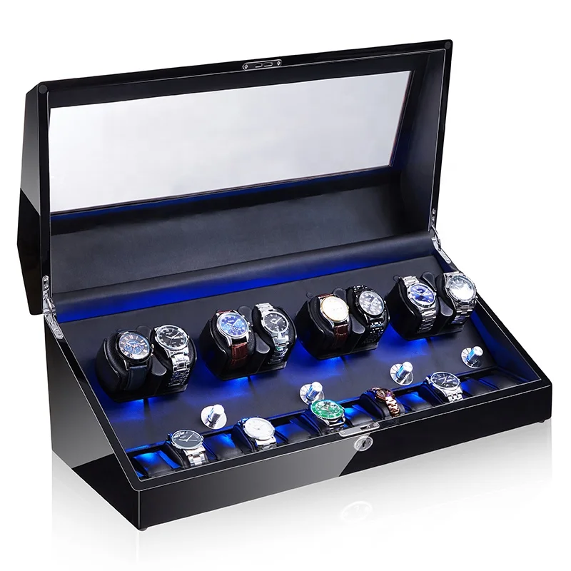 Wooden Watch Winder Automatic Rotation Box Mabuchi Motor Black Glossy Lacquer Wooden 20 Watch Shaker