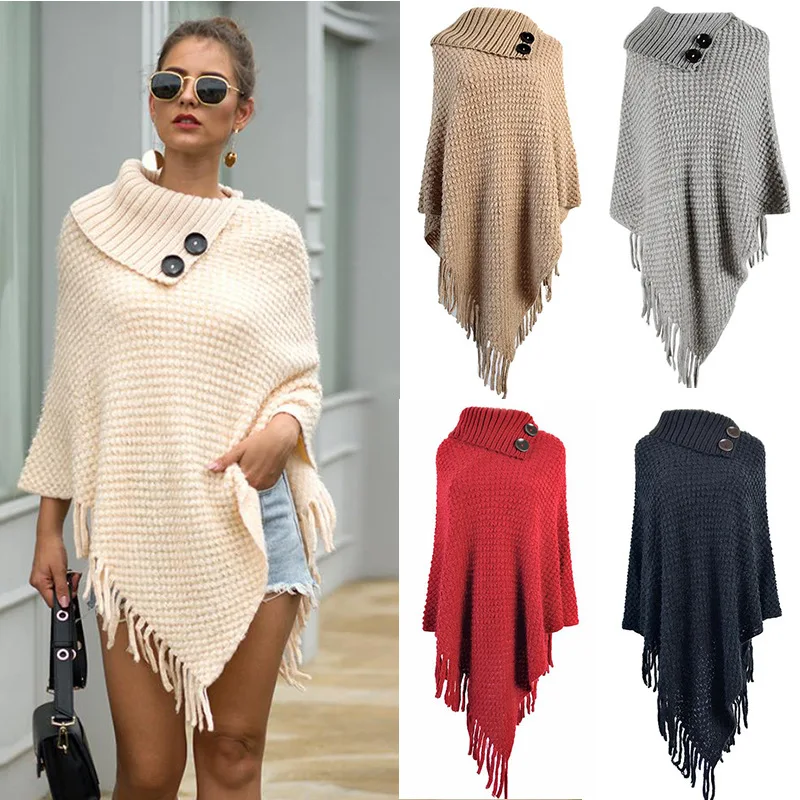 
2021 New design Half open collar solid color tassel pullover ladies sweater shawls 
