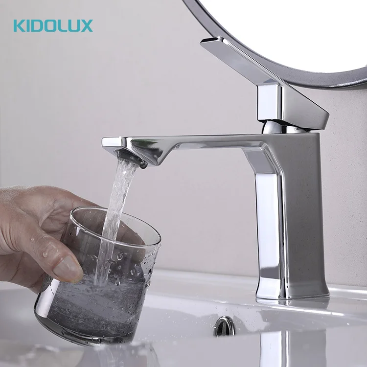 Kidolux Chrome Finish Water Tap Sanitary Ware Single Hole Handle Modern Hot And Cold Water Mixer Brass Basin Faucet For Hotel