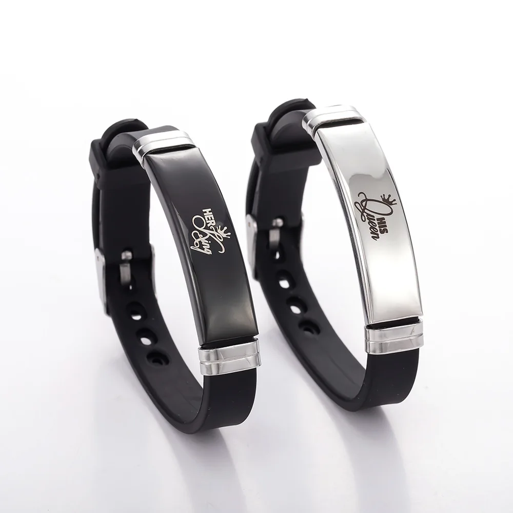 Simple Classic Stainless Steel Set Hand Jewelry Queen King Crown Pattern Personalized Couple Adjustable Silicone Bracelet