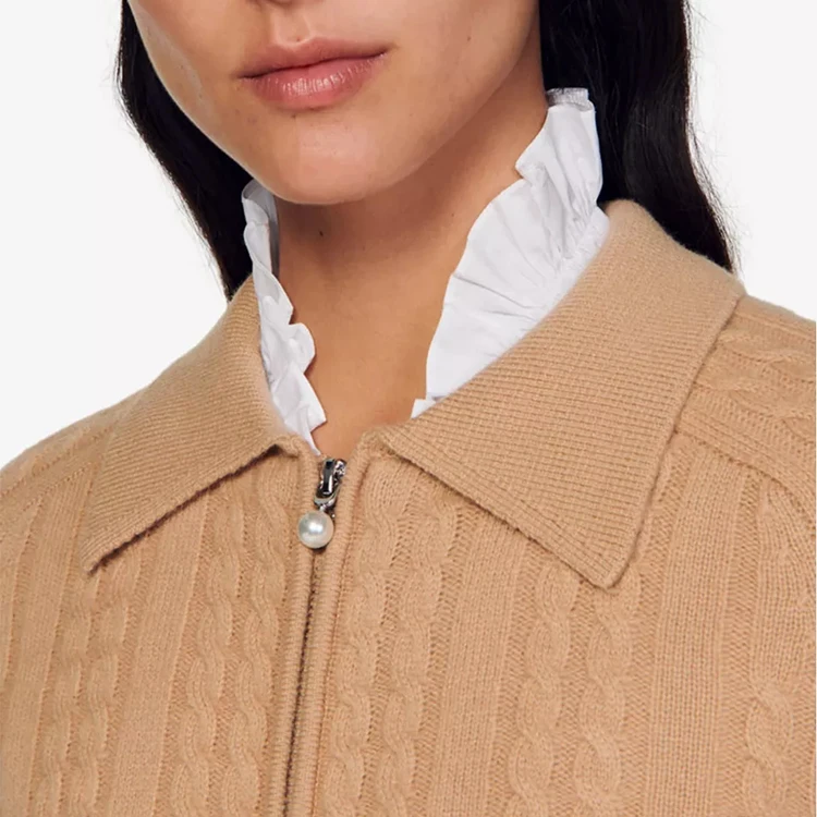 knitwear manufacturer custom spring autumn brown polo collar long sleeve zipper cable knit wool sweater women