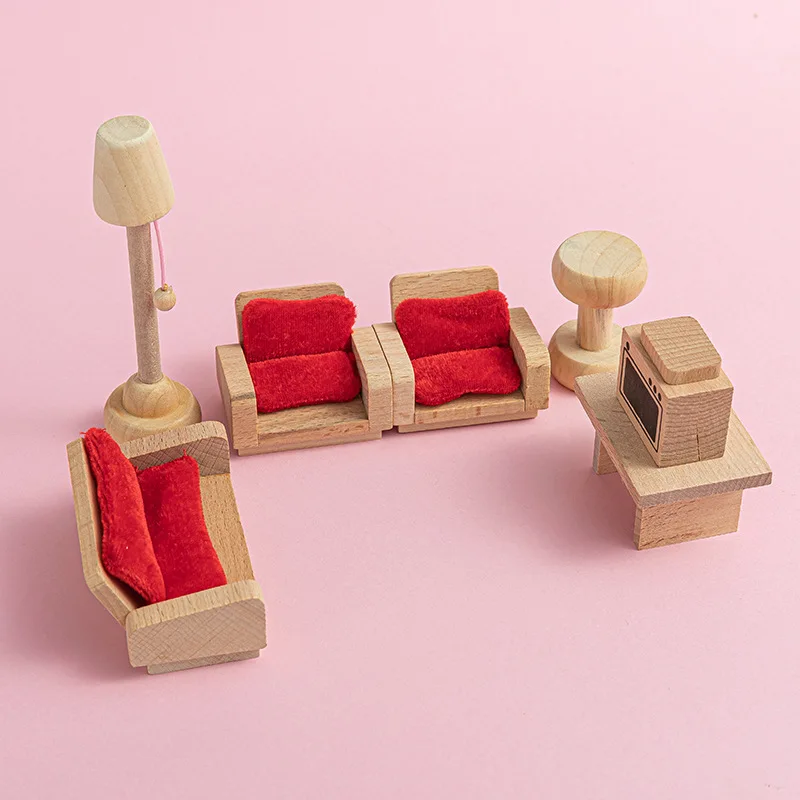 hot sale high quality 4 scene wooden doll house furniture accessories natural solid wood furniture toys