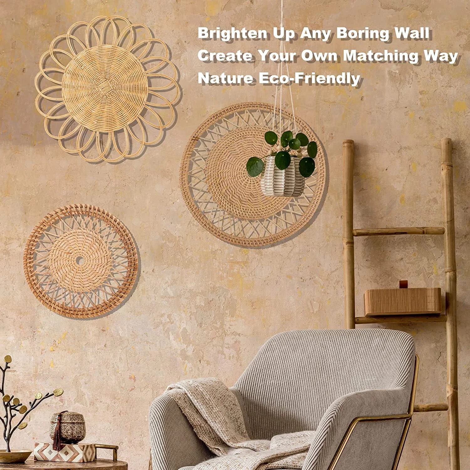 Wall Basket Decor Set Wicker Hanging Wall Basket with Rustic Design Handwoven Boho Rattan Seagrass Baskets for Decor Coaster