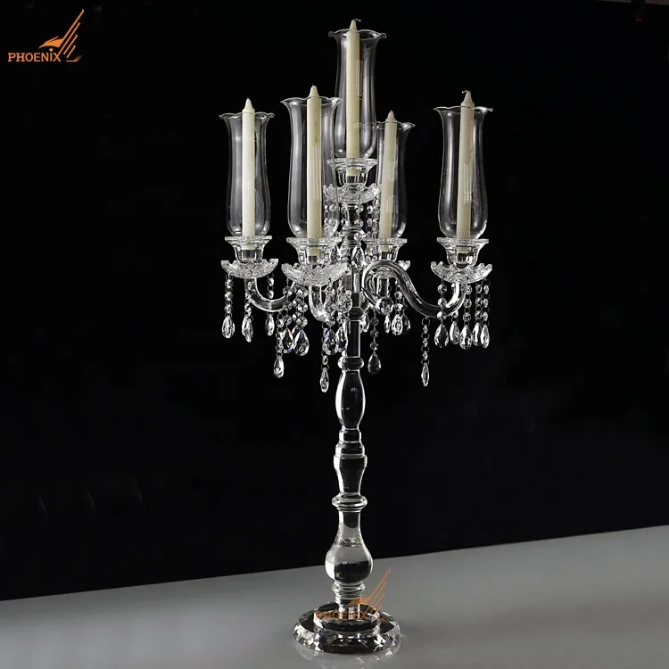 Popular 5 arms clear crystal candle stands glass hurricane candelabra weddings table centerpieces decorations