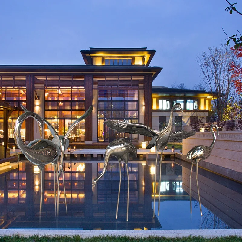 Outdoor Garden Sculptures Modern Polished Flamingo Stainless Steel Sculpture
