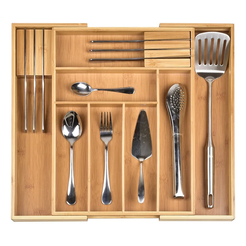 
Storage Organizer Expandable Cutlery Tray with 2 Removable Knife Blocks Bamboo Silverware Drawer Wood 8 Compartments Customized 