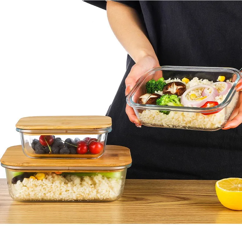 Wholesale microwaveable borosilicate glass lunch box meal prep containers airtight food storage containers with bamboo lids