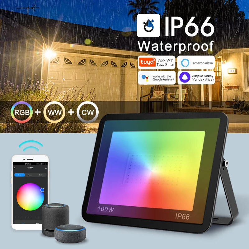 Прямая поставка с завода TUYA 30 Вт 50 100 RGB умный Светодиодный прожектор IP66 Alexa Google Home совместимый уличный садовый Источник питания переменного тока