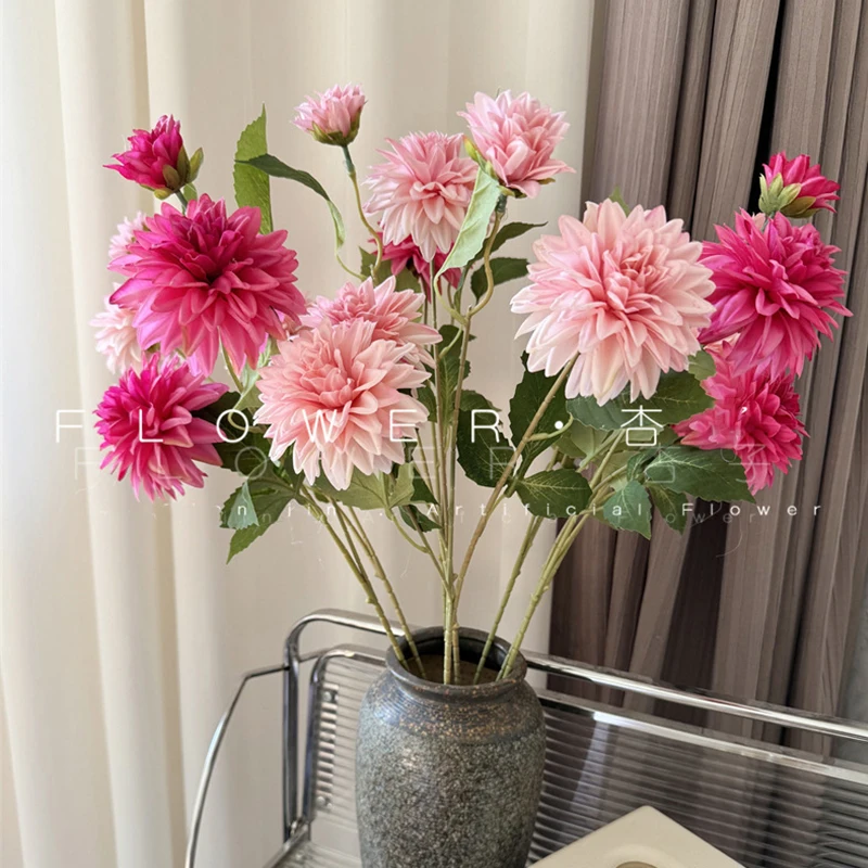 CM-TH701 Florist Wholesale Artificial Flower 3 Head Silk Hot Pink Dahlia for Wedding Decor