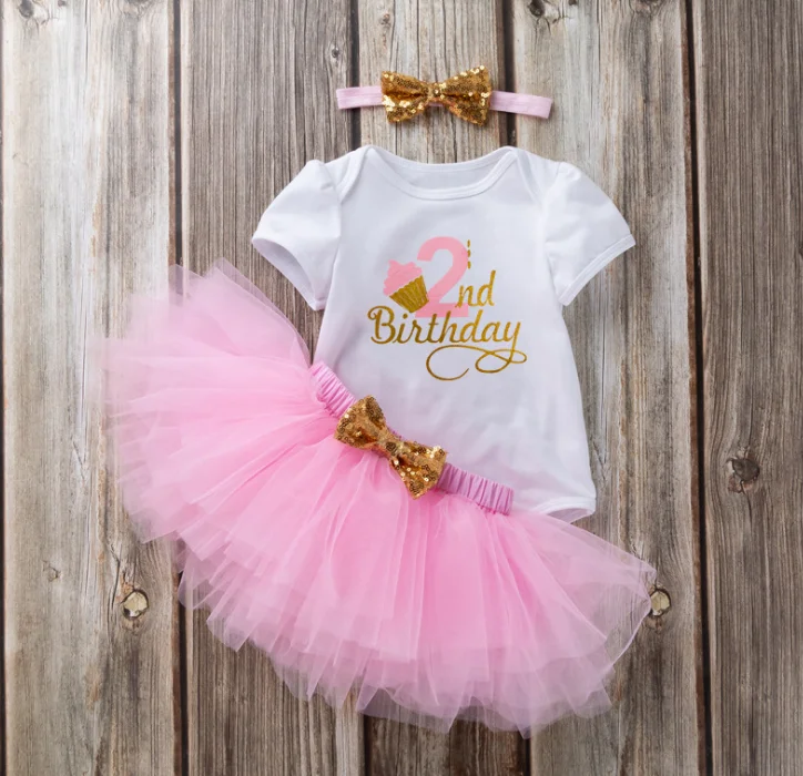 In stock baby suit baby cartoon birthday idea letter baby rompers solid color tutu skirt