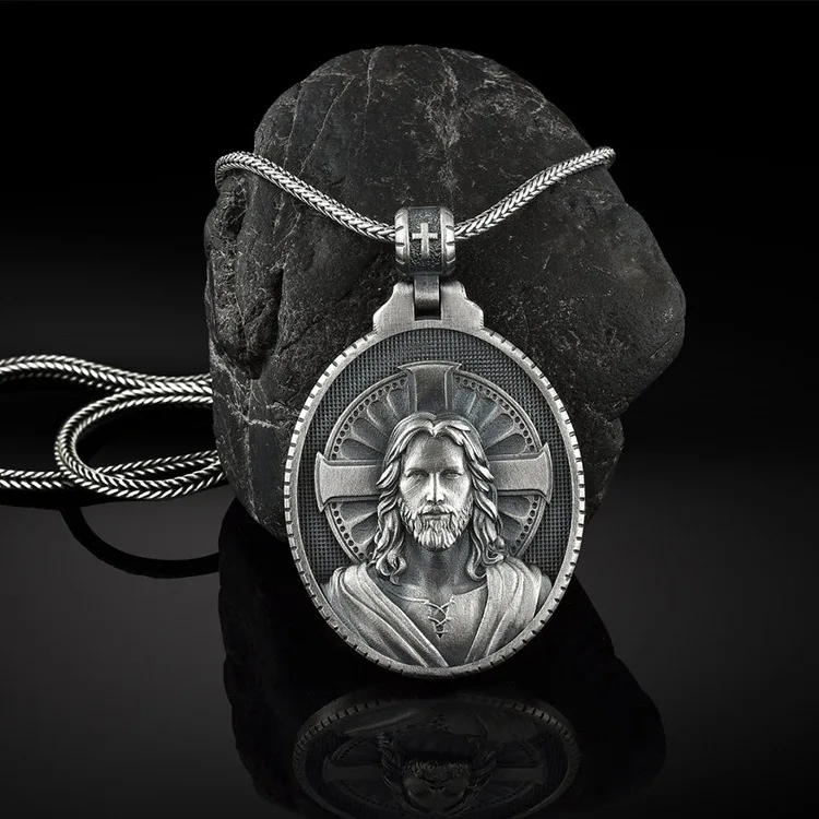 Christian Jesus Men Pendant Catholic Cross Necklace Retro Religious Medal Necklace