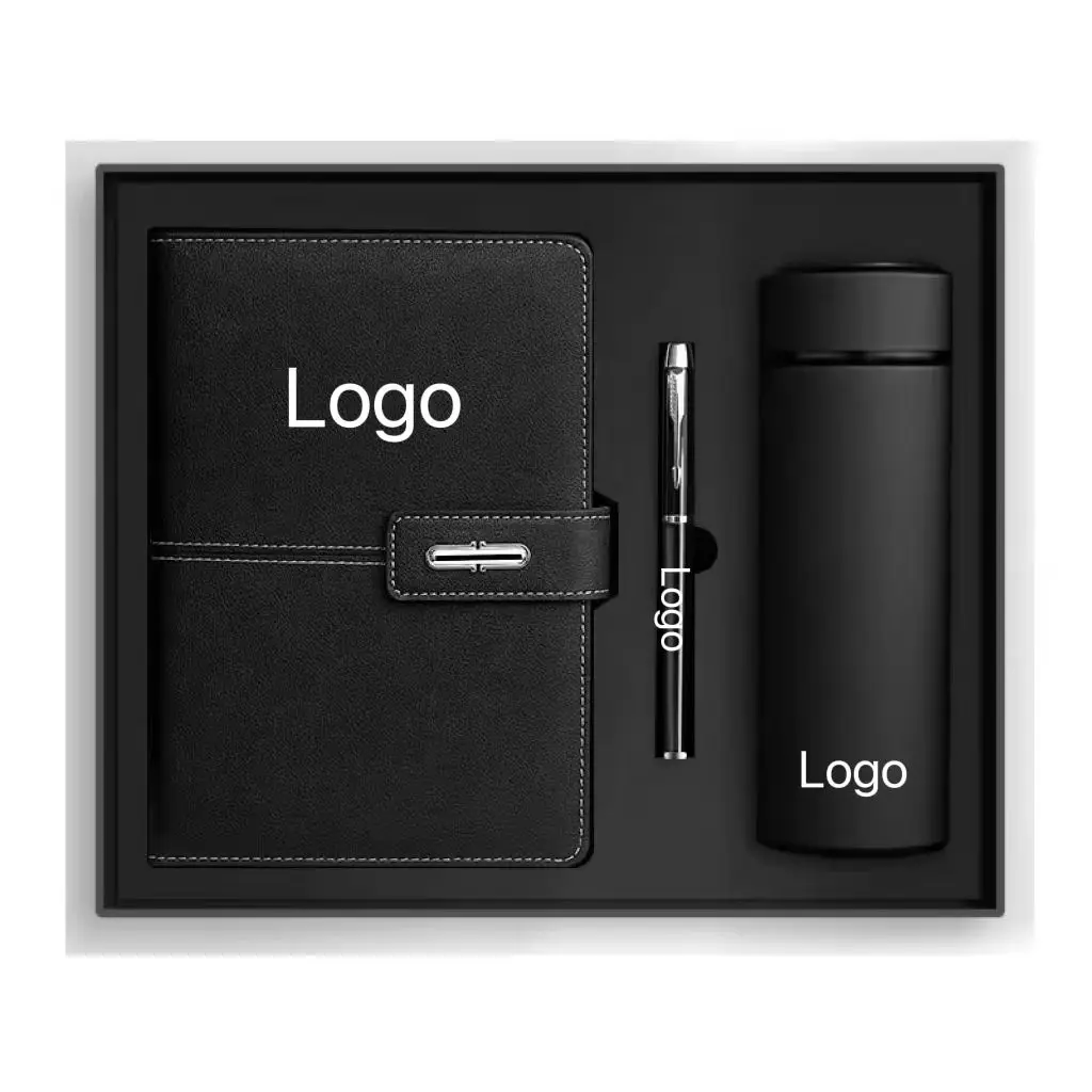 Custom Diary Luxury White PU Leather Notebook Gift Box Set Business Gift Thermos Cup Journal Gift Set With Pen And Water Bottle