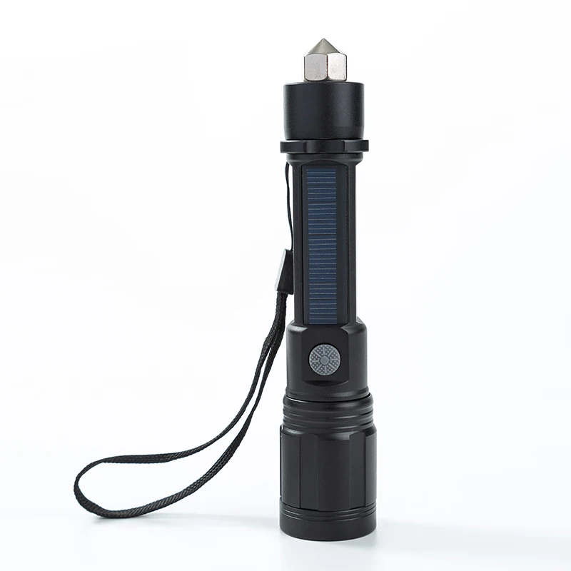 Solar Charge Flashlight Multi-functional Strong Light Torches Emergency Hammer LED Flashlight