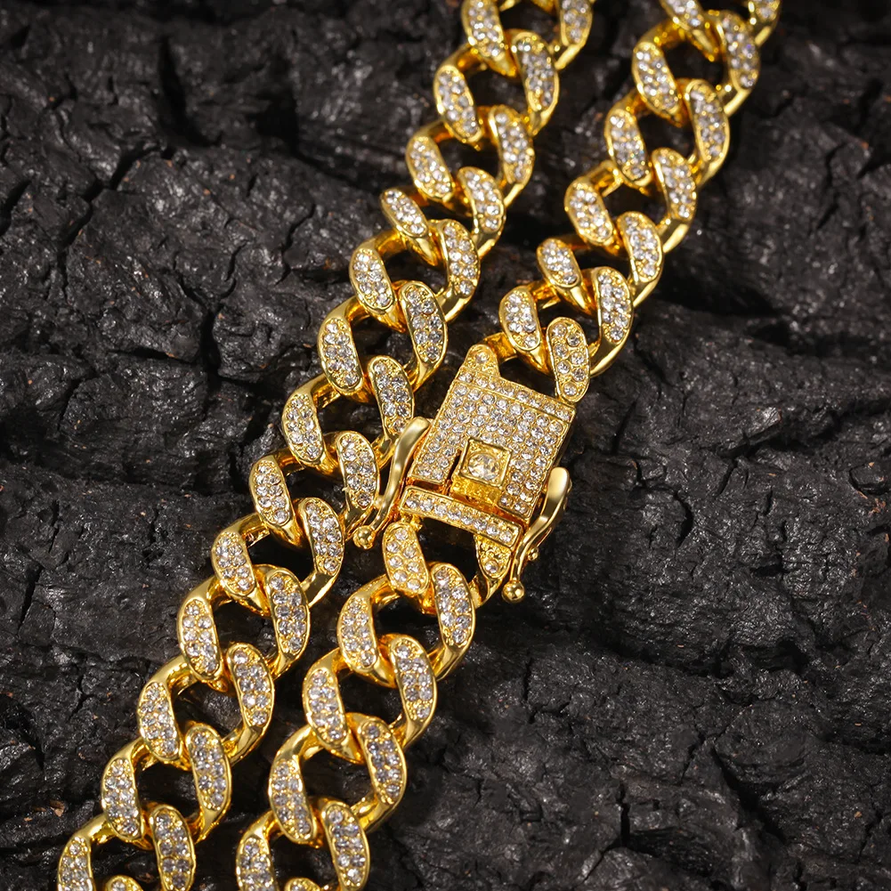 Fashion Jewelry 18mm Gold Plated Full Bling Diamond Cubic Zirconia Cuban Link Chain Necklace