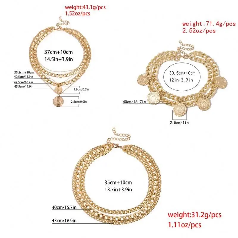 
Retro portrait coin multi - tassel necklace style mix geometric thick chain necklace women jewelry 