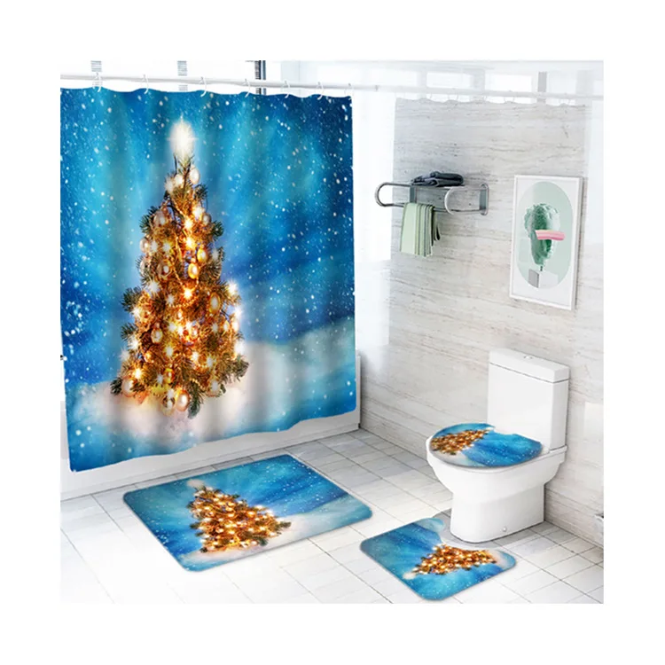 
Lianquan Santa Claus shower curtain custom waterproof digital printing four-piece toilet floor mat shower curtain set 