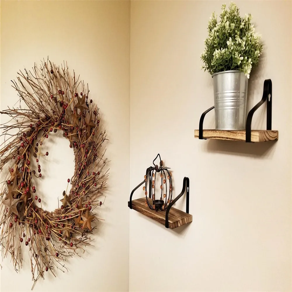 Floating Shelf Wall Shelf For Storage Rustic Wood Kitchen Spice Rack with Towel Bar and 8 Removable Hooks