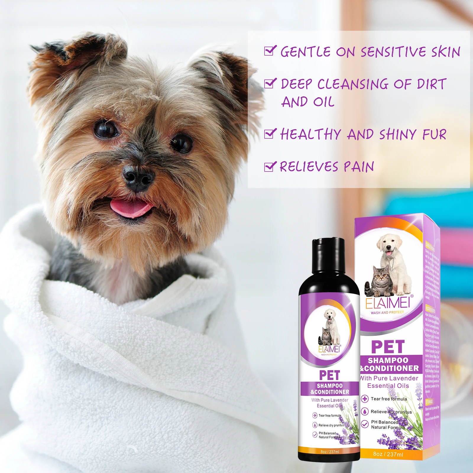 Custom Logo Pet Care Products Professional Lavender Groom Shampoo Korea Deep Cleansing Natural Pet Shampoo Conditioner
