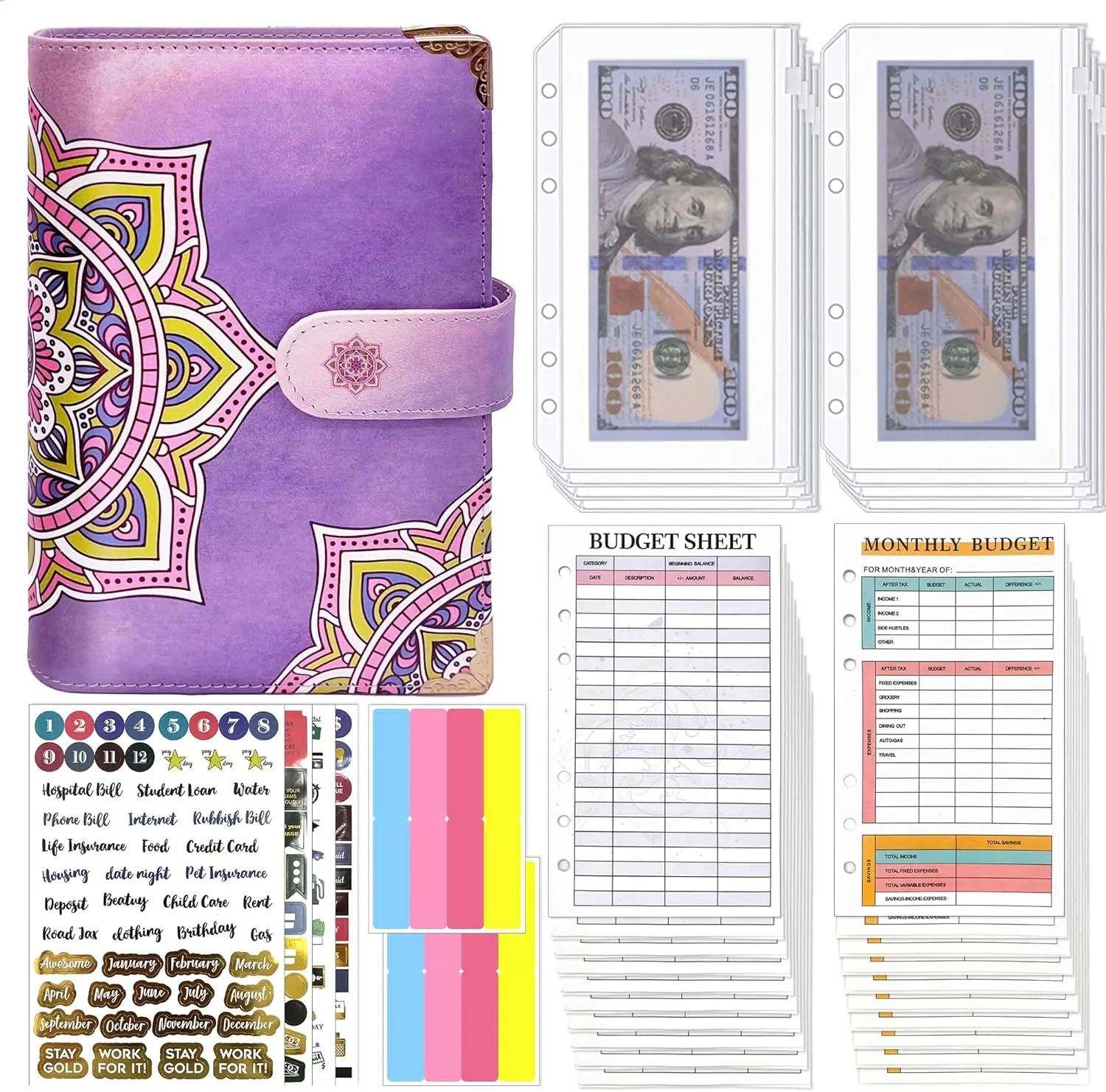 New Gift Quilted Leather Notebook Cover A4 A5 A6 6-Gold-Ring Wallet Budget Binder for Cards, Cash, Bills & Document