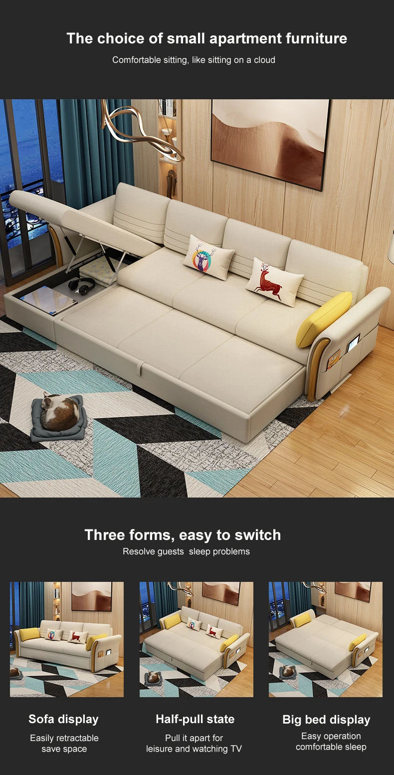 ULT-XJ-03 Factory wholesale  wooden frame Cotton and linen extend cum bed  with storage modern folding small sofa bed