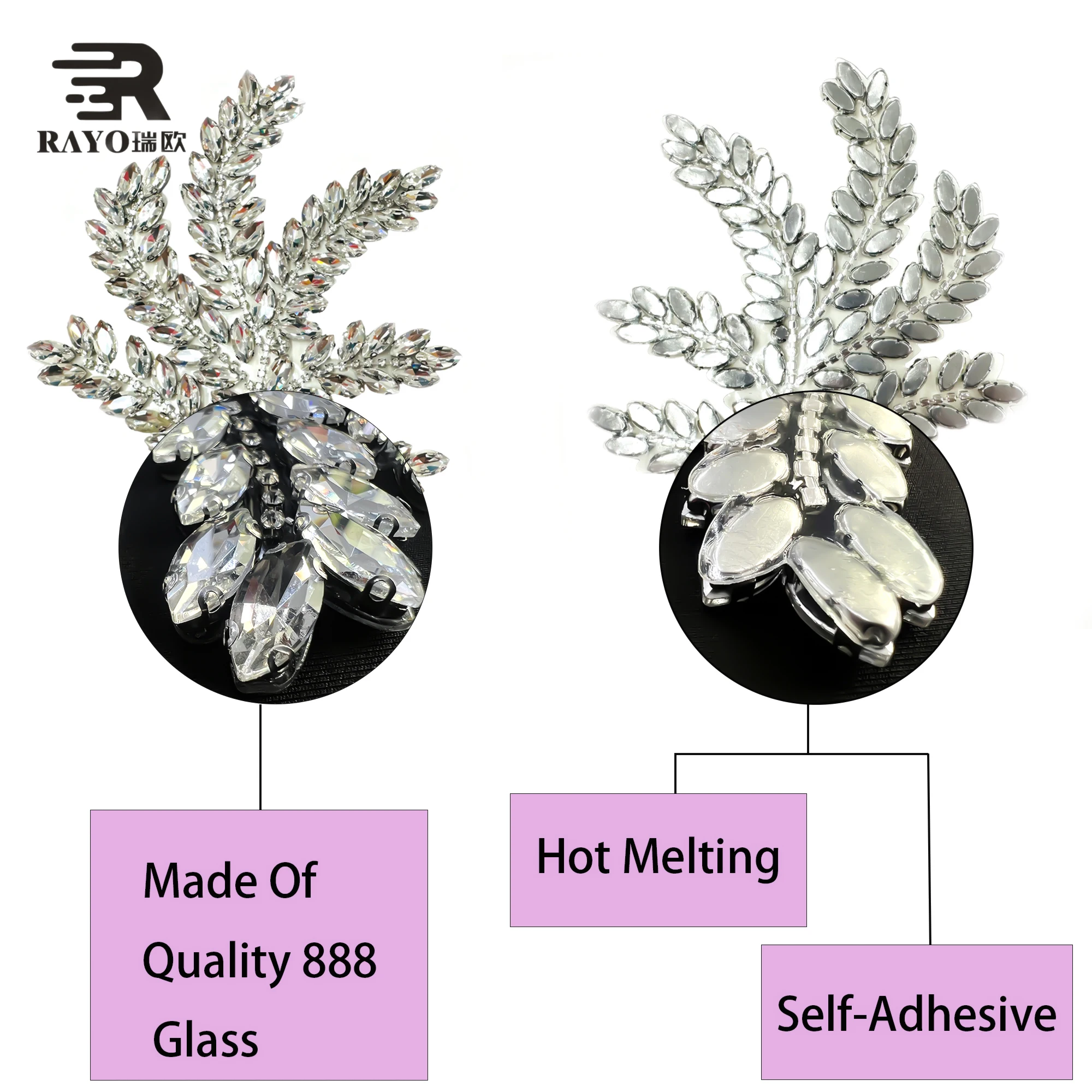 RAYO Special Leaf Rhinestone Applique For Evening Dress Decoration Hair Accessories Glass stone Applique Sew-on technique