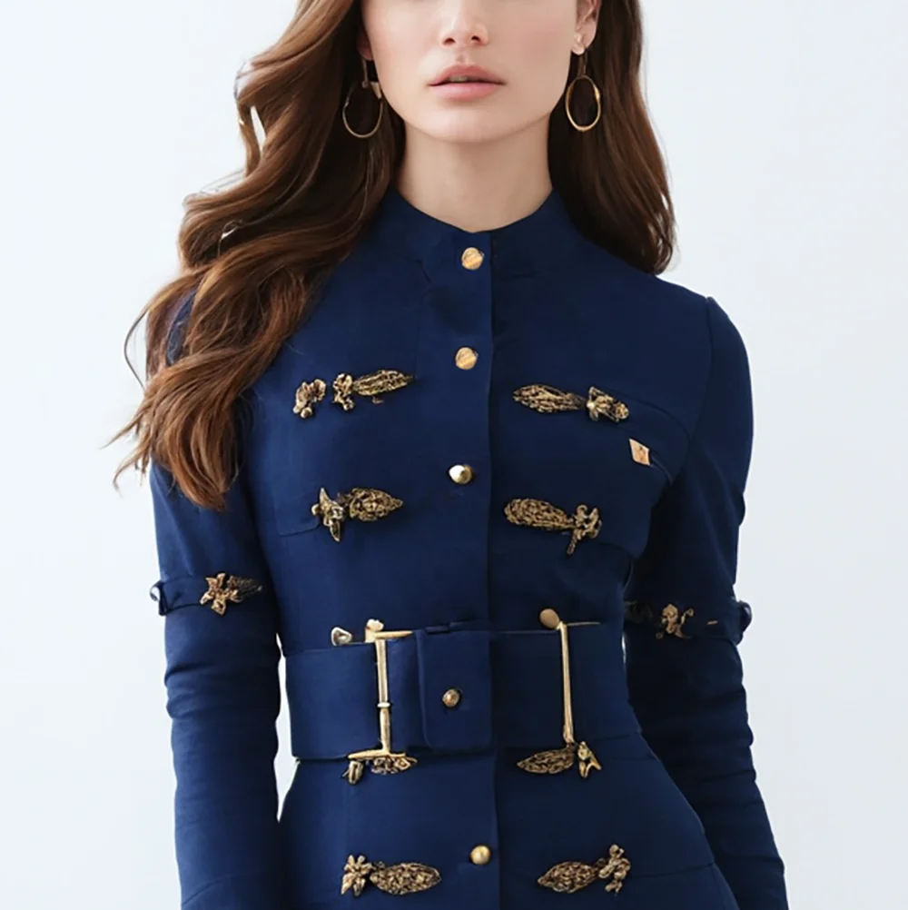 Navy blue Fashion Top Long Sleeve String Empire Waist Fashion long bodycon Jacket