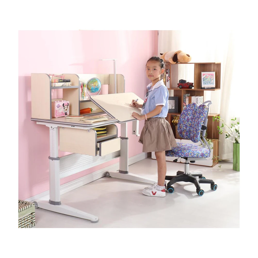 Home use wood metal height adjustable writing table for children set desk and chair