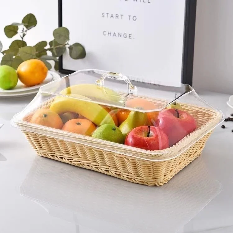 Kitchen food bread woven plastic woven basket small fruit PP rattan oval storage basket with lid plastic tray