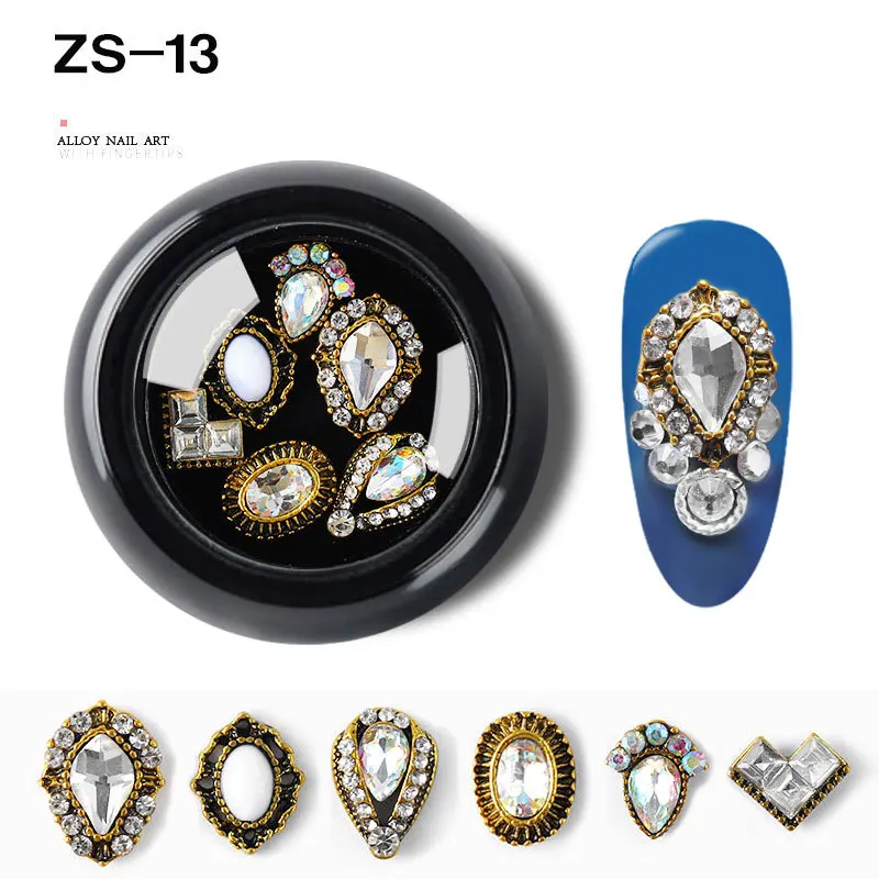 
6 Pcs Mixed Alloy Nail Art Decorations 3d Rhinestones Retro Flatback Shiny Diamonds Crystals Opal Beads Set 