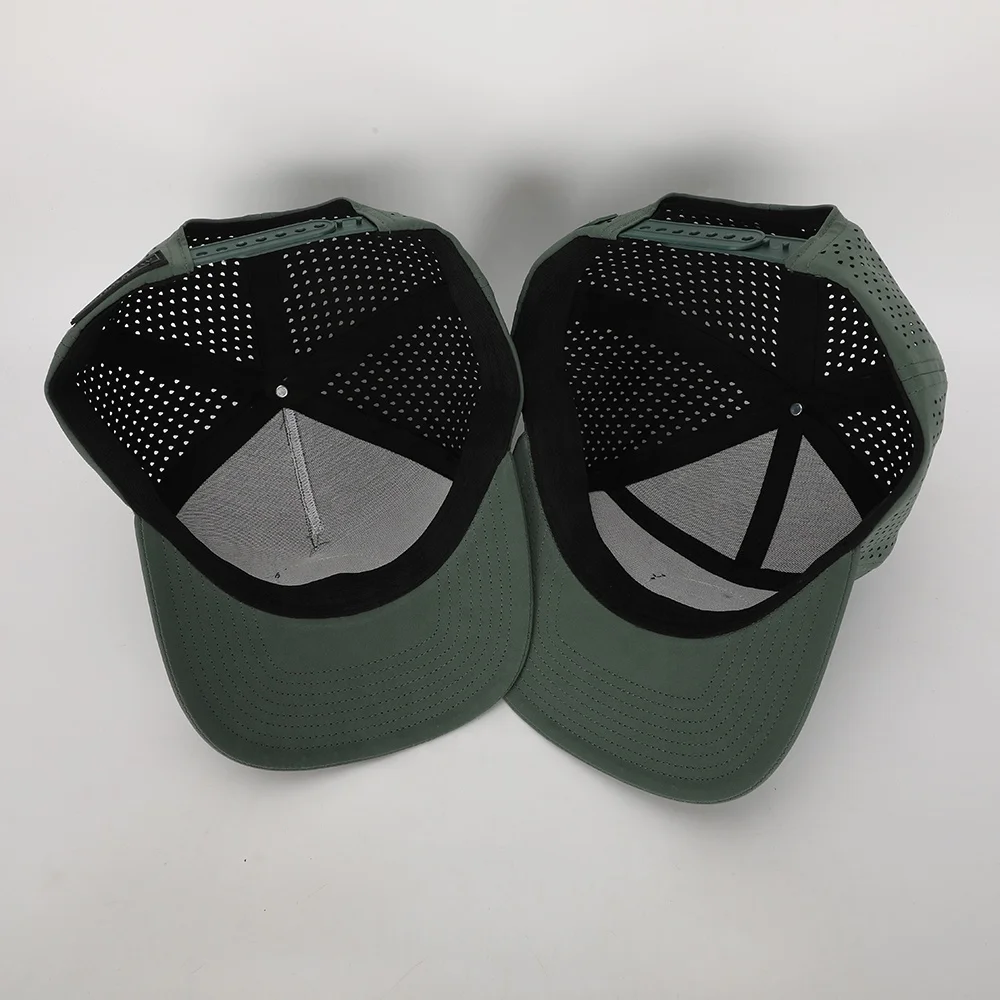 BSCI Oem Custom Design High Quality Flat Brim 7 Panel Sport Hat Rubber Patch Logo Polyester Gorras Laser Cut Hole Snapback Cap