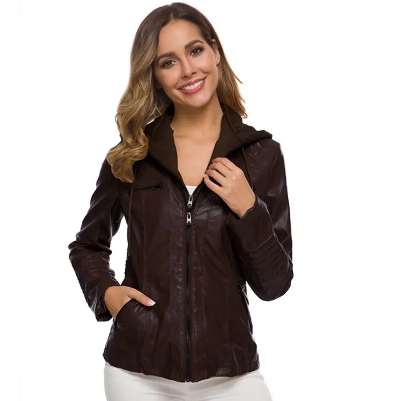 Wholesale Women Fashion plus size PU leather jackets long sleeve removable hooded zipper thickening slim autumn winter jacket