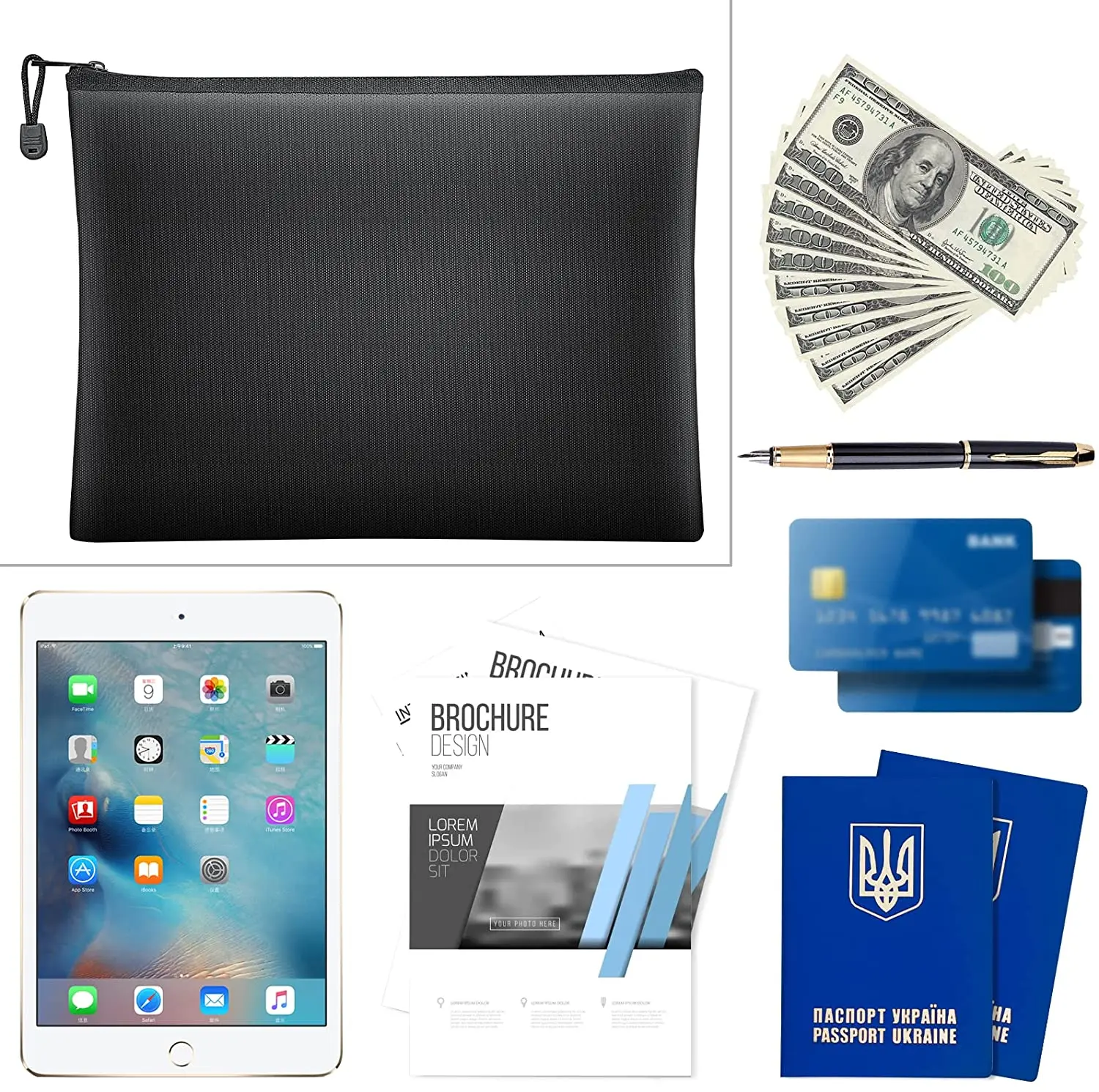 Multi-function Fireproof Document Bag with Zipper for for A4 Letter Size Document Holder File Cash Tablet Passport and Valuables